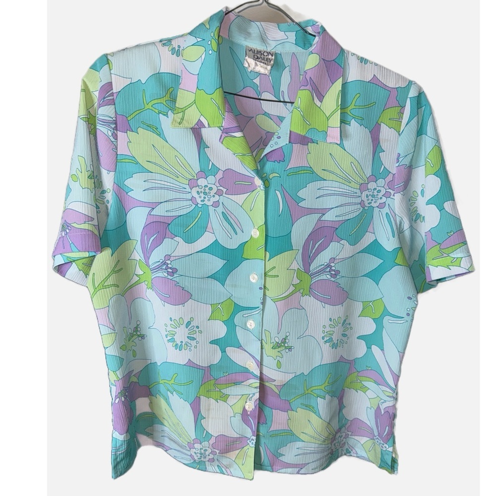 Allison Daley -VINTAGE Blue Lavender Floral Short Sleeve Button Down Size Large - Picture 3 of 16
